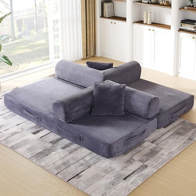 Convertible Folding Sofa Bed Corduroy Sleeper Mattress Couch with Fixed-Shape Frame Free Combination Loveseat Lounge Floor Sofa Queen Size Memory Foam Couch for Living Room Bedroom Ash Grey