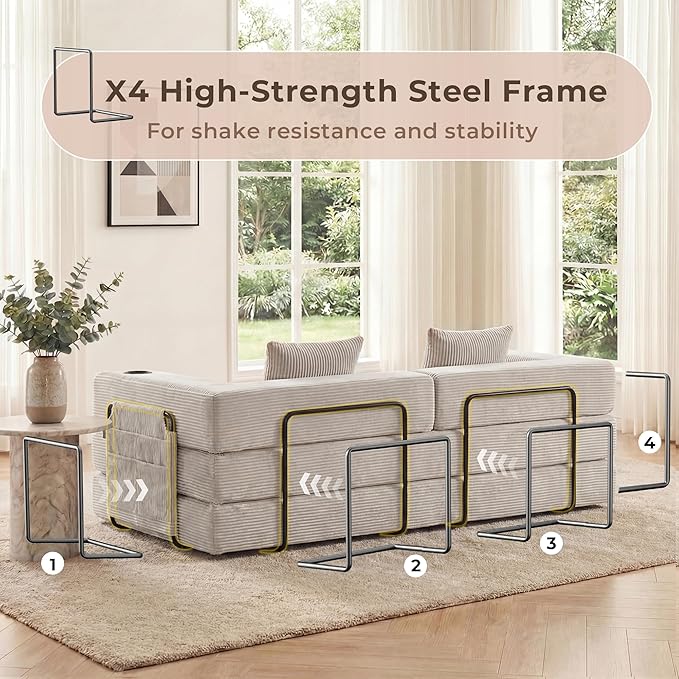 WELAX 72.8 Convertible Sleeper Sofa Bed Boneless Cloud Queen Futon Couches with Cupholders &amp Storage Pockets Corduroy Folding Floor Couch for Bedroom Apartment No Assembly Light Gray