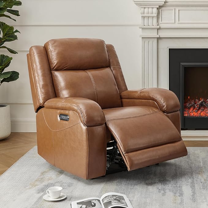 Watson &amp Whitely Genuine Leather Power Recliner Chairs for Adults Wall Hugger RV Recliner with Power Headrest &amp Charging Ports Electric Recliner Sofa Chair for Living Room Saddle Brown