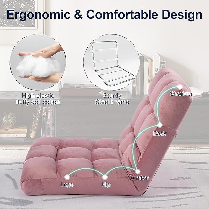 Floor Chair 24 inches Wide Oversized Velvet Armless Lay Flat Floor seat Padded Meditation Chair with 6 Adjustable Position Ergonomic Comfortable Convenient(LRSF-008-PINK)
