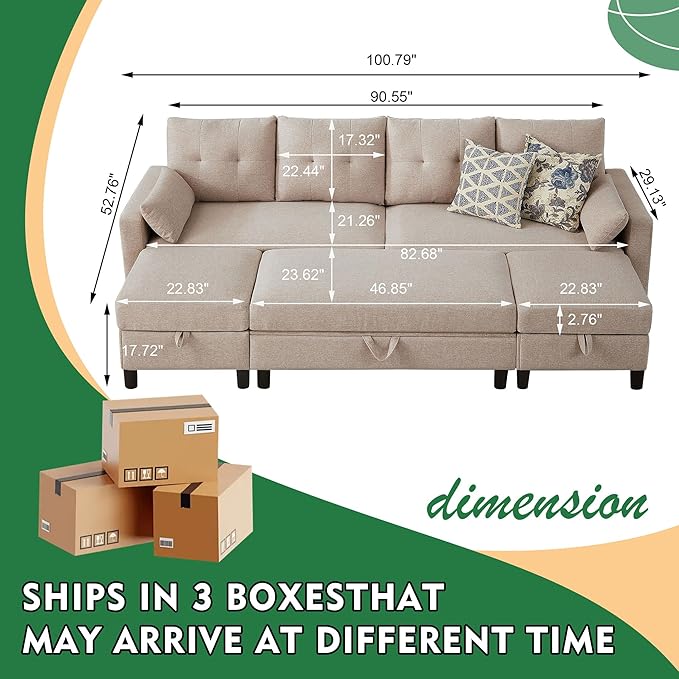 101 Modern Sectional Sleeper Sofa Bed U Shaped Couch with Storage Ottoman and Side Pockets 4 Seater Sofa for Living Room Apartment Beige