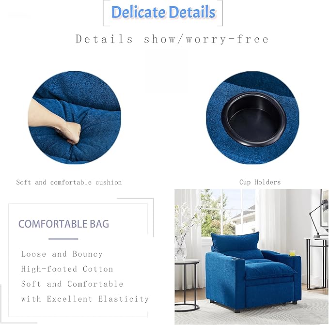 3-in-1 Convertible Sleeper Chair Velvet Pullout Chair with Cup Holders Recliner Sofa Bed with 3 Adjustable Angles Convertible Lazy Sofa Bed for Small Spaces Home Office Blue