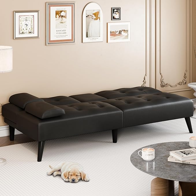 Meilocar 64 Futon Sofa Bed Convertible Loveseat with 2 Cup Holders Small Couch with 3 Adjustable Angles &amp Removable Armrest Modern Sleeper Sofa for Apartment Office (PU Leather Black)