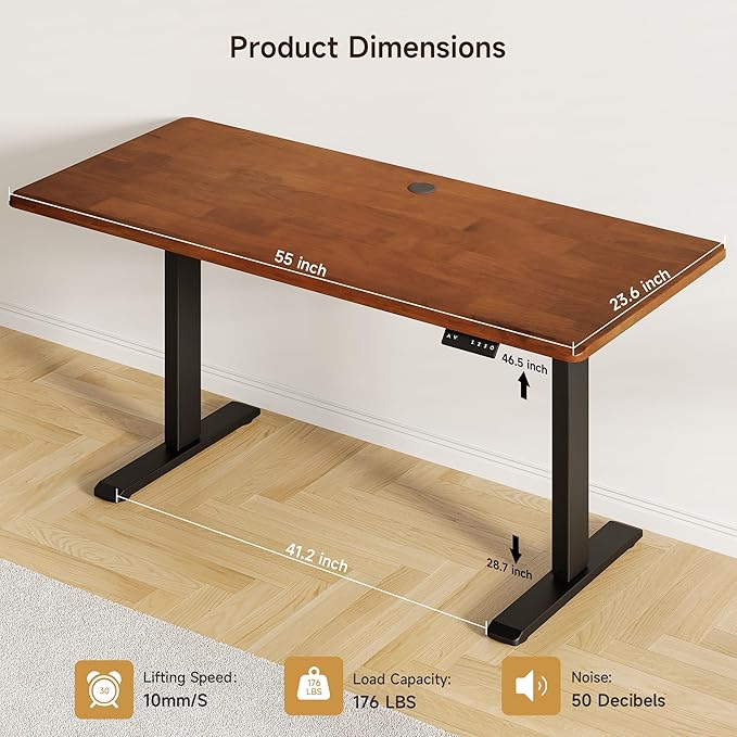 ONBRILL Standing Desk 55x23.6 Inches Whole-Piece Board Rectangle Stand Up Desk with Solid Wood Desktop and Memory Controller Adjustable Height from 28-46 Inches for Home &amp Office Brown