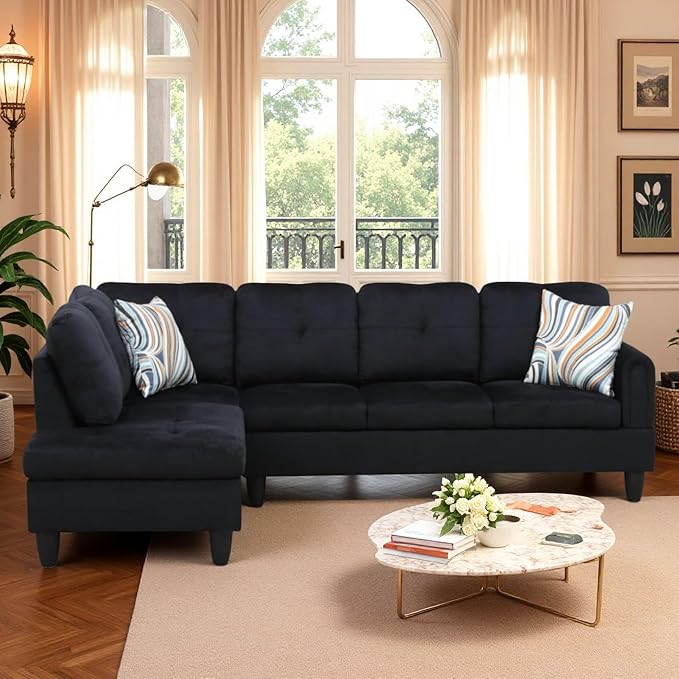 Modular L-Shaped Sectional Sofa Modern Couches with Movable Chaise Convertible 4-Seater Couch for Bedroom Apartment &amp Office Black