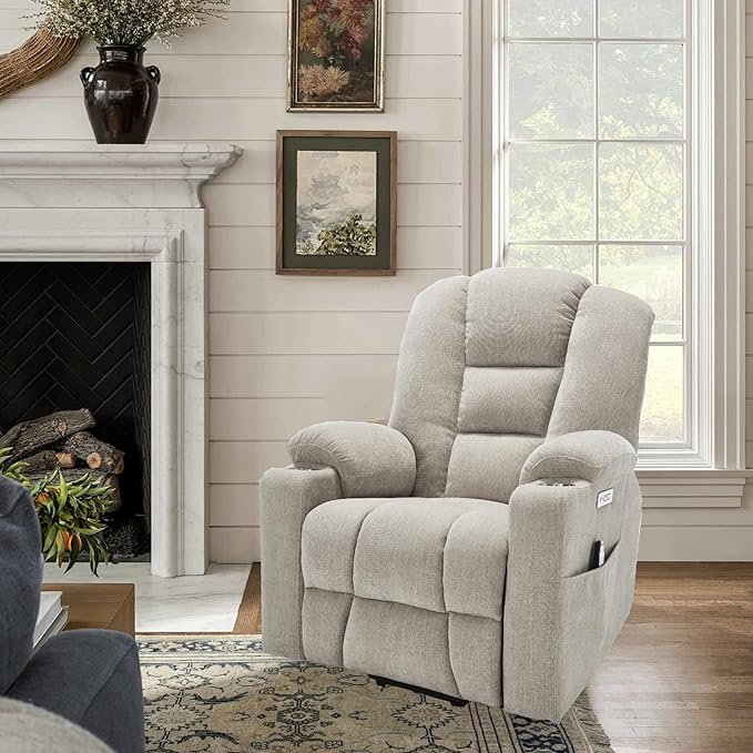 Power Lift Recliner Chair for Eldery Chenille Electric Recliner Chairs with Massage and Heat Remote Control Standing Assistance Lay Flat Recliner Sofa for Living Room Medium-FirmBeige
