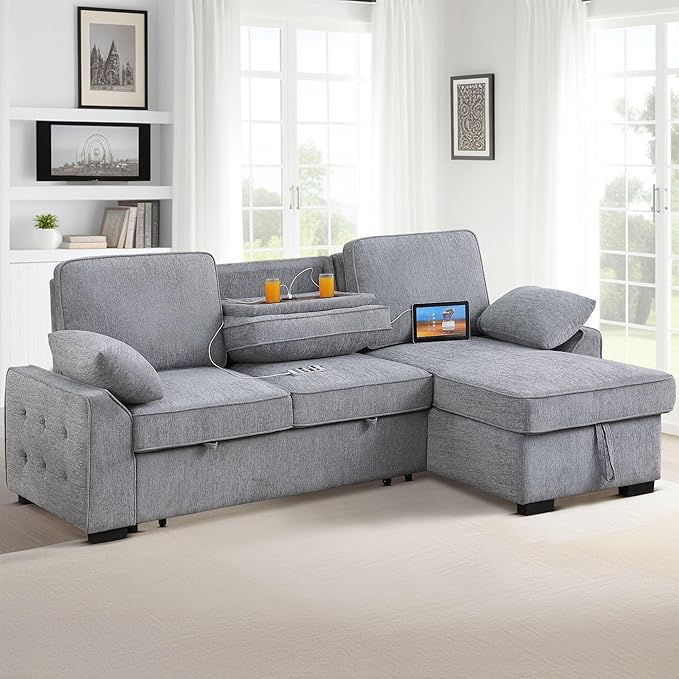 ERYE L-Shaped Pull Out Sleeper Couch Bed Modern Chenille Upholstered Button Tufted Corner Couch Reversible Sectional Sleeper Sofa Bed W/Storage Chaise Cup Holders