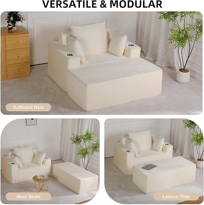 54W Oversized Chaise Lounge Chair Indoor Boneless Chaise Lounge Couch Convertible Comfy Reading Chairs Corduroy Sleeper Chair Couches for Living Room Compression Sofa with Ottoman Beige