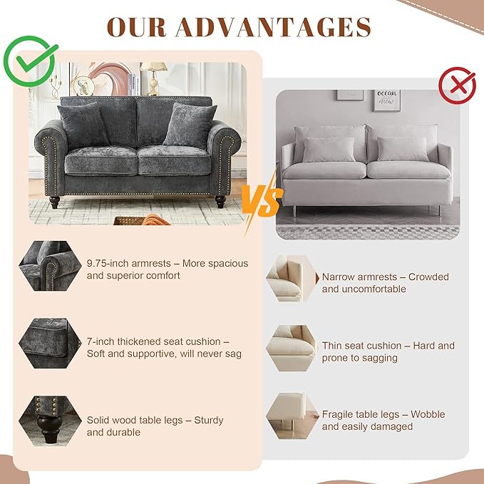 TTK 63 Modern 2-Seater Sofa with Rolled Arms Chenille Upholstered Loveseat Couch with Sturdy Wood Legs and Elegant Nailhead Trim Comfortable Small Sofa for Living Room Bedroom or Apartment Gray