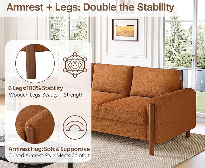 Merax 83.86 3-Seater Sofa Curved Armrest with Integrated Solid Wood Legs Teddy Velvet Fabric High Weight Capacity (250 lbs/seat) Durable Solid Wood Frame Orange