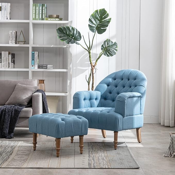 Accent ChairButton-Tufted Upholstered Chair SetMid Century Modern Chair with Linen Fabric and Ottoman for Living Room Bedroom Office LoungeBlue