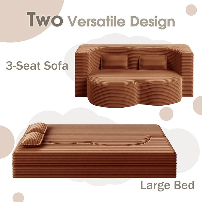 78 Convertible Sofa Bed 2-in-1 Folding Floor Couch with 2 Pillows Sleeper Sofa for Living Room and Bedroom No Assembly Required (Orange Corduroy Fabric)