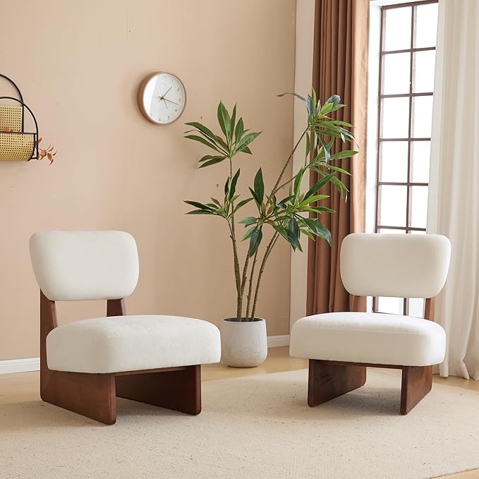 GDFStudio Upholstered Armless Accent Chairs Set of 2 Modern Side Chair Minimalist Leisure Chair with Backrest White Cusion for Living Room Bedroom Reading Room Walnut Slid Wood Base