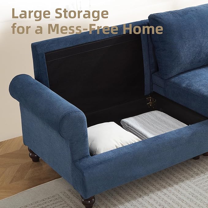 81” Rolled Arm Sofa Couch with Storage Mid Century Modern Decor Loveseat Couches for Living Room Button Tufted Upholstered Small Couch for Bedroom Apartment (Blue)