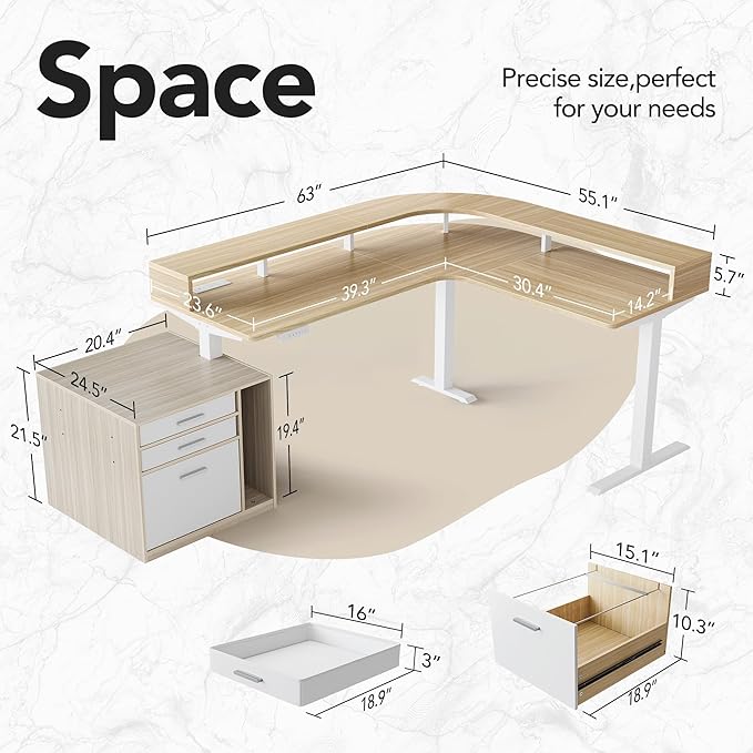 HUANUO Electric L Shaped Standing Desk with File Cabinet 63 x 55 Height Adjustable Sit Stand up Desk with LED Strip Power Outrlets &amp Cable Management Tray Corner Computer Table Light Walnut