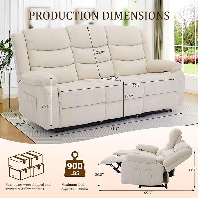Recliner Sofa Reclining Loveseat with Console Oversized Reclining Couch with Drop Down Table 3-Seater Sofa with Cup Holder and Recessed Power Strip Beige
