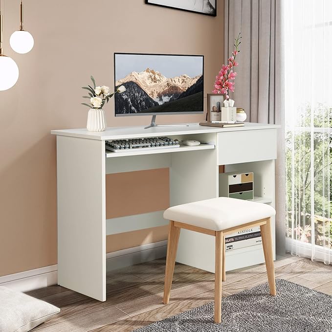 Tangkula White Desk with Drawer Wooden Computer Desk with Pull-Out Keyboard Tray &amp Adjustable Storage Shelves Modern Laptop PC Desk with CPU Stand Writing Study Desk for Bedroom (White)