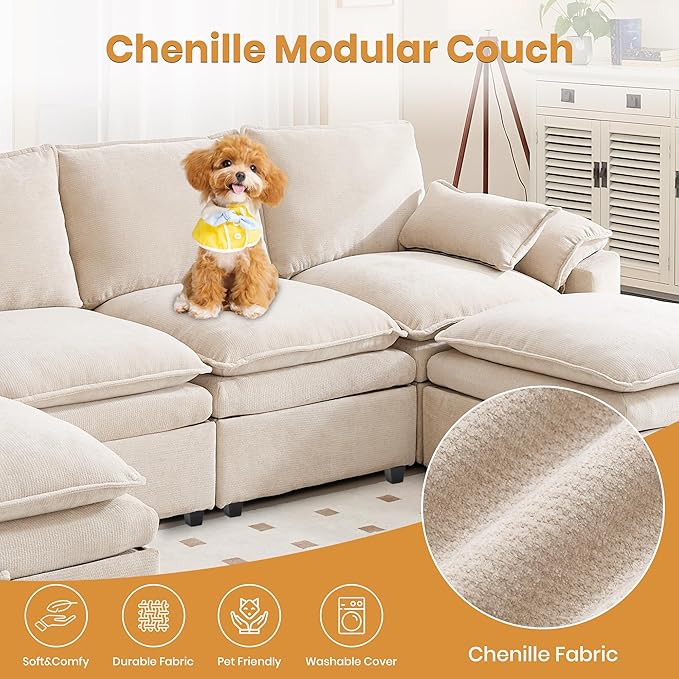100 L Shaped Modular Sectional Sofa Couch with Ottoman Storage Chenille Cloud Couch with Plush Deep Seating for Living Room Bedroom (Beige 4 Seat)