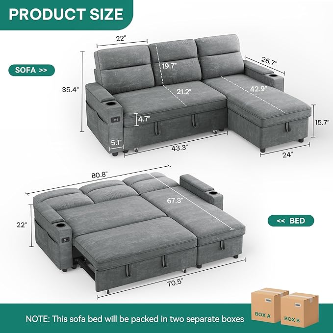 YITAHOME Sectional Sleeper Sofa with Pull Out Couch Bed 81 Convertible Sleeper Sofa with Adjustable Backrest Sofa Bed Sleeper Couch with Armrest &amp USB Port Grey