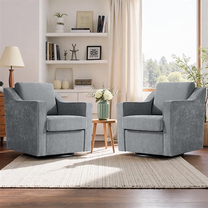 Swivel Accent Chair Modern Round Barrel Arm Chair for Living Room Bedroom Comfy Club Reading Chairs for Adults (Chenille Grey Set of 2)