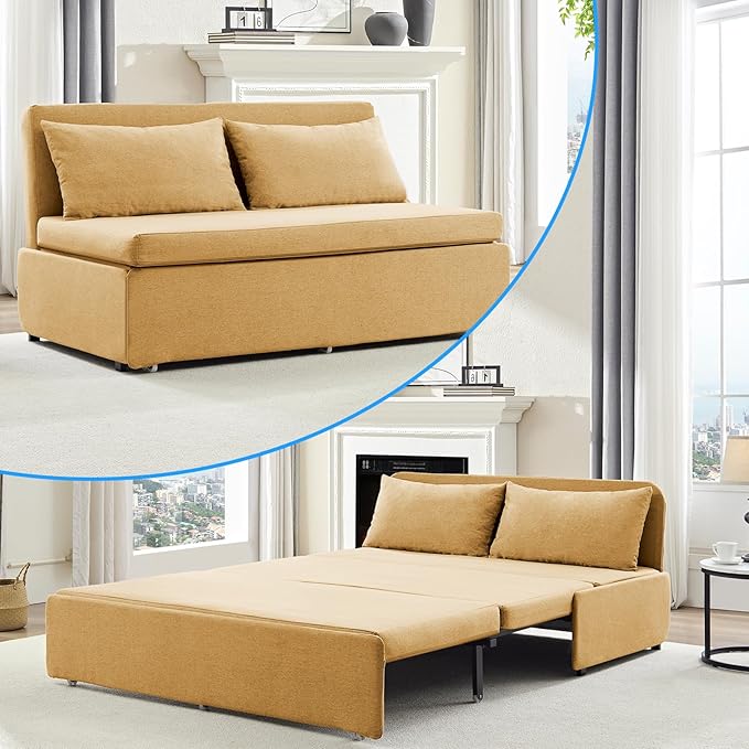PUREMIND Queen Size Pull Out Sleeper Sofa Bed Linen Convertible Sofa Bed with Foldable Mattress Loveseat Couch Pull Out Bed with 2 Cushions for Small Place Apartment Office Yellow