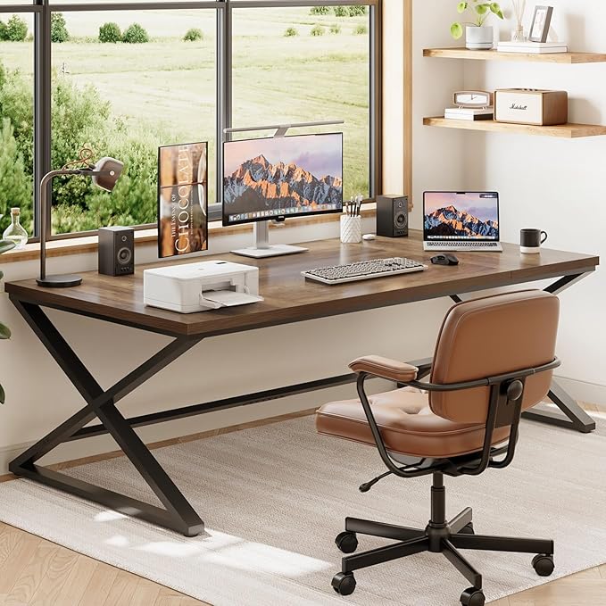 IBF Large Computer Desk 78.7” Extra Long Home Office Desk Wood Metal Work Desk for Study Writing Farmhouse Simple Wide Double PC Gaming Computer Table Executive Workstation in Bedroom Rustic Oak