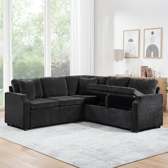 81.9 Sectional Sofa Bed L-Shaped Sectional with a Hidden Storage Compartment Versatile Pull-Out Sofa Bed with Cozy Throw Pillows for Living Room Apartments Offices (Black-04e)