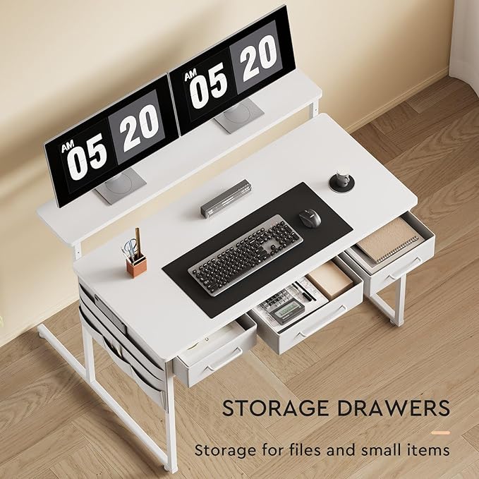 Small Desk with Drawers 39.4X15.8-22.9 Inches Office Computer Desk with Side Pocket &amp Ergonomic Monitor Stand Writing Table for Small Spaces Bedroom White