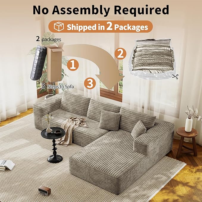 107 Modular Sectional Couches for Living Room Comfy L-Shaped Boneless Cloud Couch with Chaise Modern Deep Seat Corduroy Floor Sofa No Assembly Required (Right Facing Chaise Khaki) | High-density