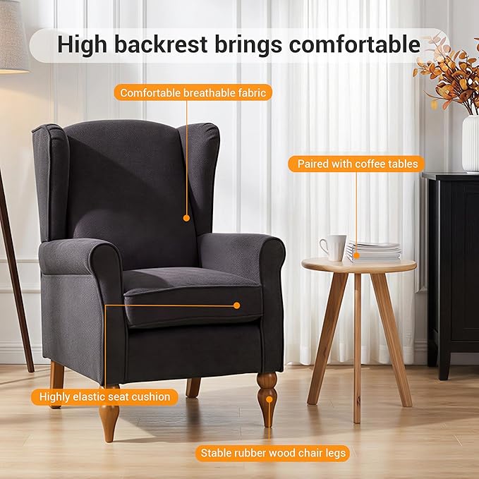 Modern Wingback Living Room Chair Upholstered Accent Armchair Single Sofa Chair with Lounge Seat and Wood Legs for Office/Bedroom/Reading Spaces Dark Grey