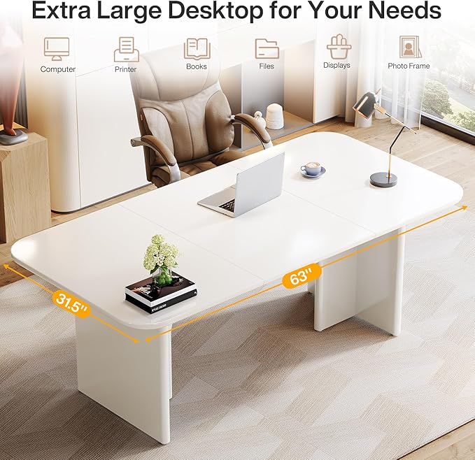 Tribesigns Modern White Desk Large Minimalist Executive Office Computer Desk Writing Study Makeup Vanity Table Workstation with Arch Design Legs 63 x 31.5 inch