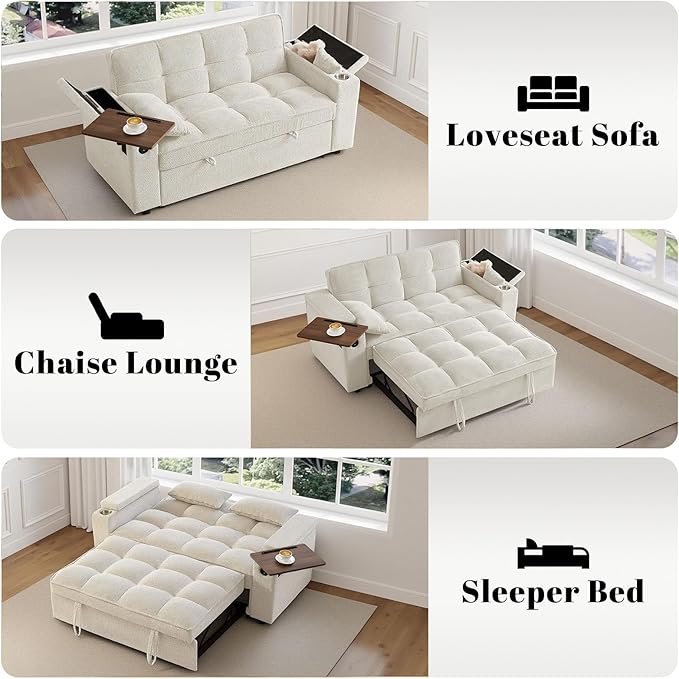 Rovibek 65'' Convertible Sleeper Sofa Bed 3-in-1 Pull Out Couch with 360° Swivel Side Table Adjustable Backrest Loveseat Sleeper with Charging Port | Side Pocket | Cup Holders White