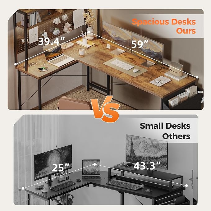 Mericonia 59 inch Large L Shaped Desk with Pegboard Hutch &amp Shelves Corner Gaming Desk with Power Outlet LED Light &amp Storage Bag Reversible Computer Desk for Home Bedroom Office Workspace