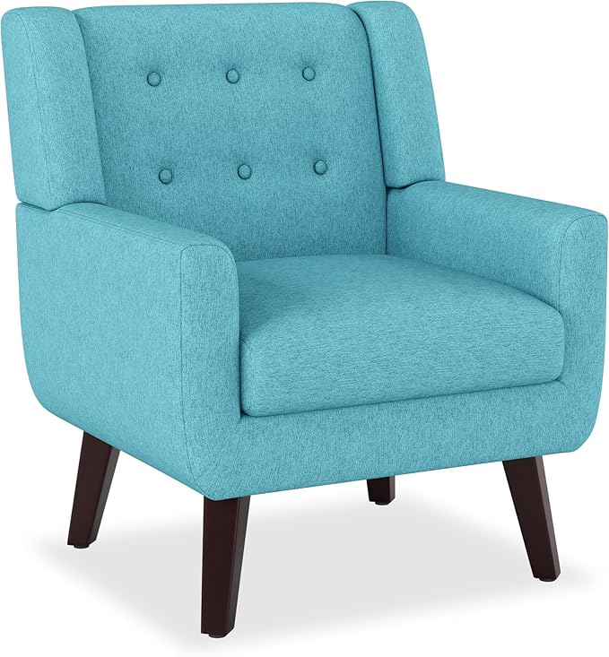 Linen Fabric Living Room Chairs Accent Chair Mid Century Modern Armchair for Living Room Bedroom Button Tufted Upholstered Comfy Reading SofasVanity Chair (1 Lake Blue)
