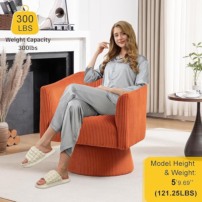 Swivel Accent Chair Modern 360° Barrel Chair Corduroy Upholstered Single Sofa for Living Room Bedroom(Orange)