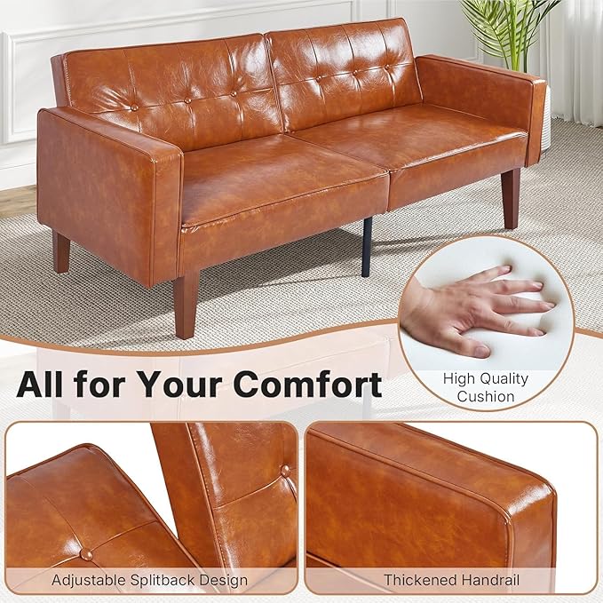 Adjustable Backrest Convertable Sofa Modern PU Leather 2-Seat Futon Sofa Convertible Faux Leather Sleeper Couch with Armrests Couch for Living Room Home Office Spaces