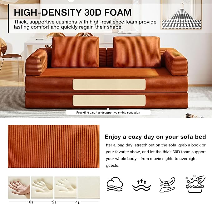 Convertible Sofa Bed 5-in-1 Pull-Out Futon Boneless Couch for Living Room &amp Guest Room Corduroy Sleeper Sofa with Steel Support Brackets 78.7 3-Seater with 2 Pillows (Orange)