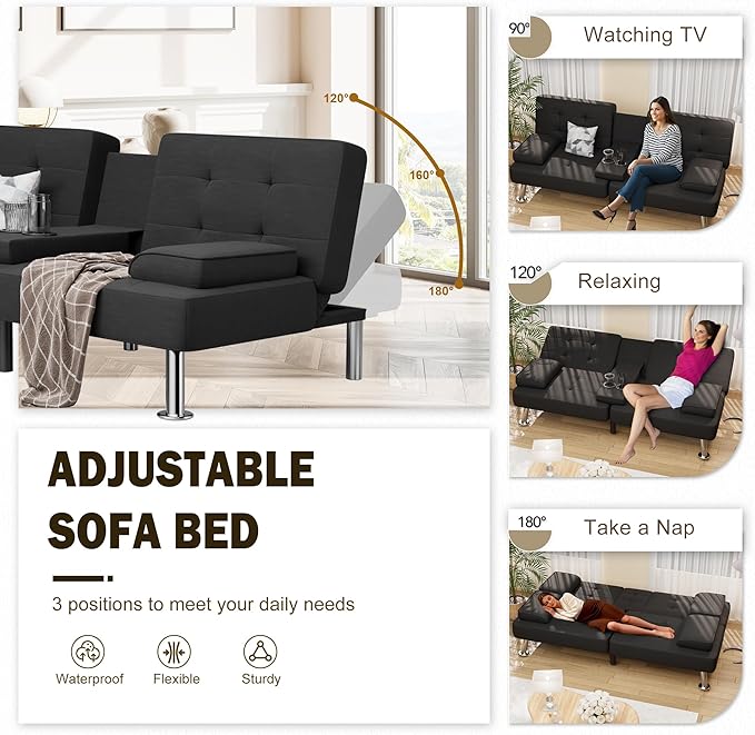 Shahoo Modern Linen Upholstered Convertible Folding Futon Sofa Bed with Removable Armrests Metal Legs 2 Cup Holders for Living Room Black