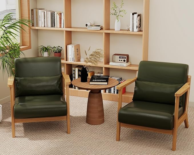 Accent Chair and Ottoman Set Mid-Century Modern Faux Leather Upholstered Lounge Armchair with Pillow Solid Wood Frame &amp Comfortable Cushion for Living Room Bedroom Balcony Green