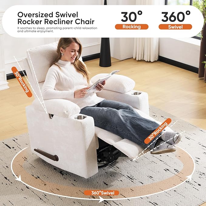 Swivel Rocker Recliner with Adjustable Armrests Rocking Nursery Chair with Adjustable Headrest Cup Holder Manual Recliner Nursing Chair for Breastfeeding Chenille White