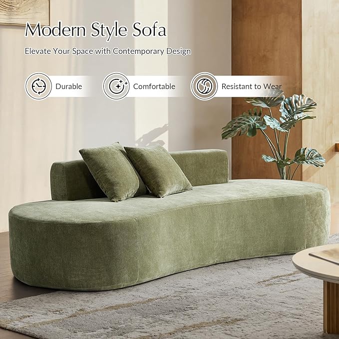 HULALA HOME 94.5 Curved Boneless Couch with Two Pillows Oversized 3 Seater Compressed Foam Sofa with Deep Seat Modern Cloud Couch for Living Room No Assembly Required Olive