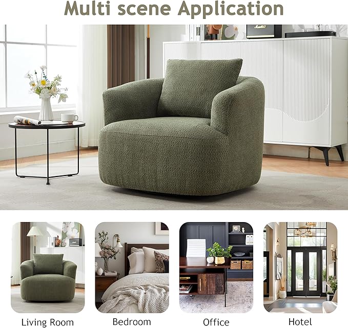 Polibi 360° Chenille Upholstered Swivel Barrel Chair 38.2 W Accent Chair Sofa Chair with a Throw Pillow for Living Room Bedroom Office and Hotel (Green)