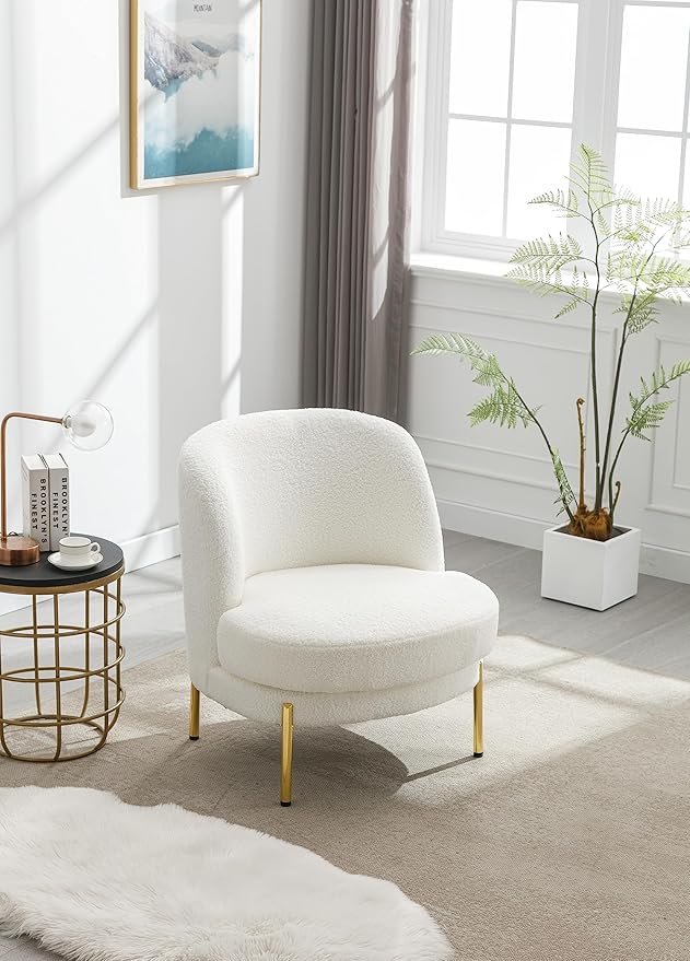 28.4 W Accent Chair Upholstered Curved Backrest Reading Chair Single Sofa Leisure Club Chair with Golden Adjustable Legs for Living Room Bedroom Dorm RoomIvory Boucle