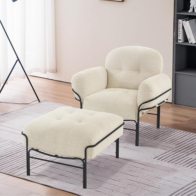 MCombo Modern Accent Chair with Ottoman Chenille Upholstered Leisure Sofa Chair for Small Space Living Room &amp Bedroom 4071 (Beige)