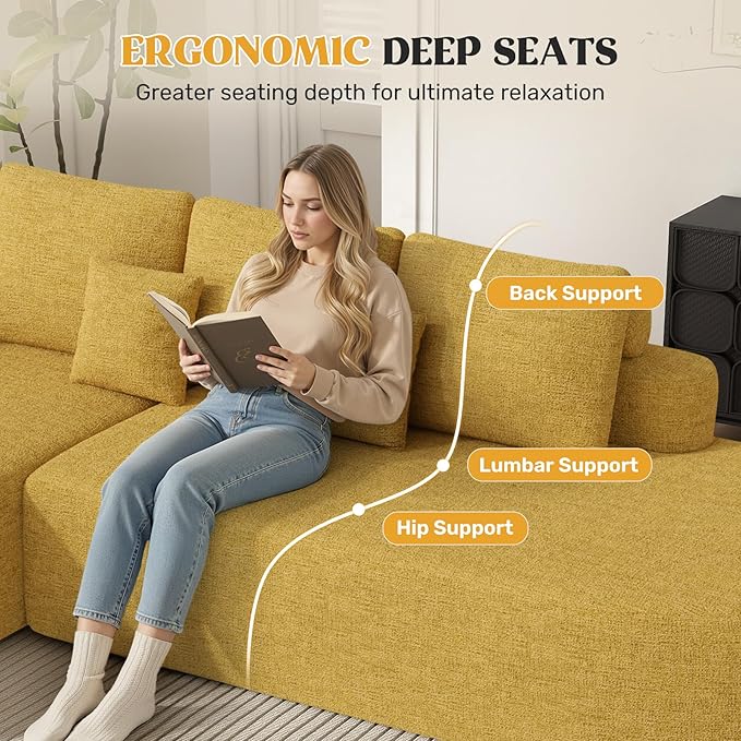 112 Modern Curved Cloud Couch Chenille Boneless Couches for Living Room with Deep Seat Memory Foam Compressed Modular Sectional Sofa No Assembly RequiredYellow 1 PCS