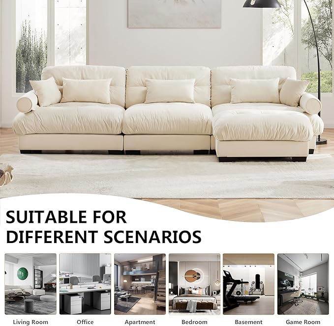 Aoowow Oversized 3 Seater Cloud Sofa Couch with Ottoman for Living RoomVelvet Large L-Shaped 3 Seat Cloud Sofas Deep SeatModern Modular Sectional Sleeper CouchesTufted