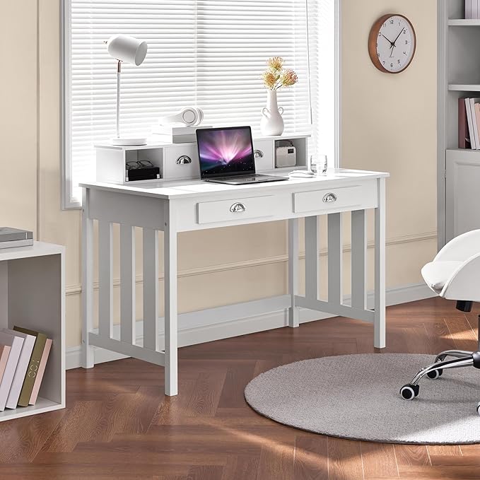 Yaheetech 47 Inch Large Computer Desk White Home Office Workstation with 4 Storage Drawers Modern PC Work Table 23 Deep with Monitor Stand for Screen Wood Stable Executive Table with Large Desktop