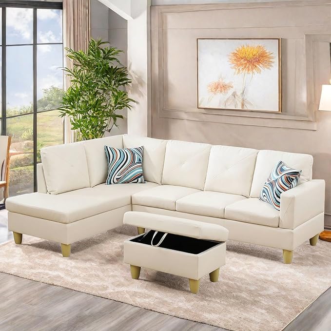 FONTOI L Shaped Sectional Couch Sofa Modern Couches for Living Room Comfy 4 Seat Modular Sectional Sofa with Ottoman Storage for Bedroom Apartment White