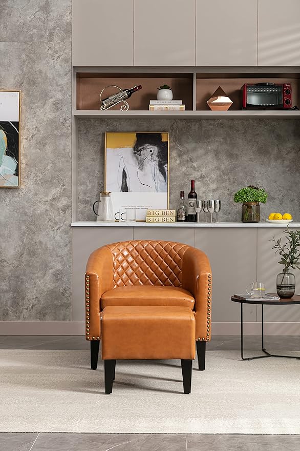 Generic Accent Chair with Ottoman Mid Century Modern Barrel Chair Upholstered Club Tub Round Arms Chair for Living Room Light Brown