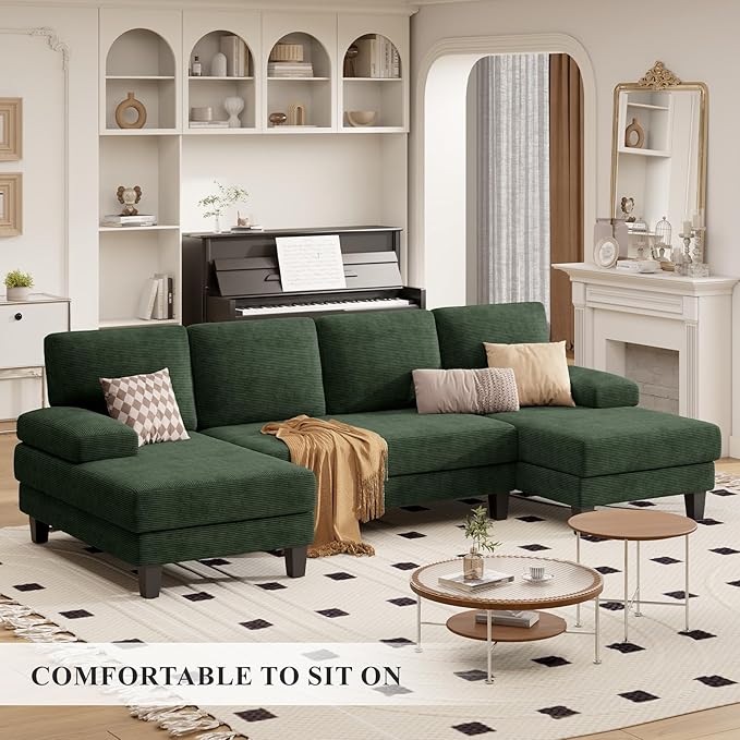 110 U-Shaped Sectional Sofa Couch for Living RoomModern Modular Sofa with Double ChaiseClassic Lounge Couch Sleeper forApartment Green Corduroy